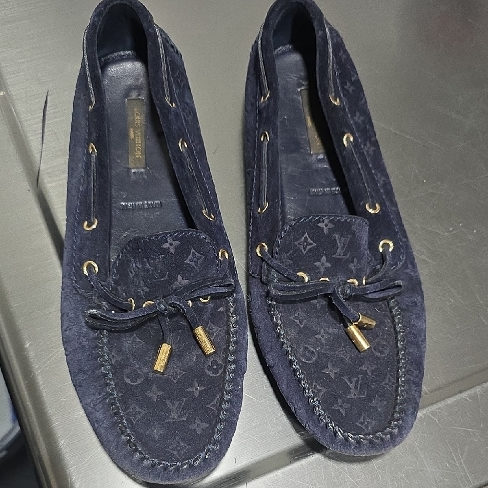 Louis Vuitton Dark Blue Suede Loafers with Gold Accents